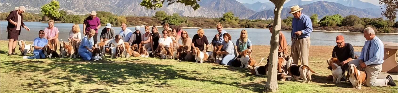 Basset Hound Club of Southern California members with their basset hounds at a club gathering